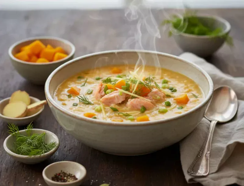 Ninh cháo cùng bí đỏ hoặc cà rốt giúp cháo có màu đẹp và vị ngọt tự nhiên.