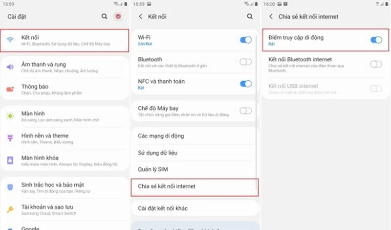 Truy cập phần Cài đặt và bật tính năng Điểm truy cập di động trên điện thoại Samsung.
